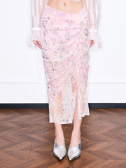 MUKZIN「雲瑤の境地」スパンコールビーズレースパネルピンクミディスカート