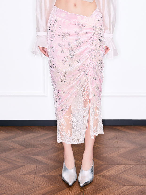 MUKZIN「雲瑤の境地」スパンコールビーズレースパネルピンクミディスカート