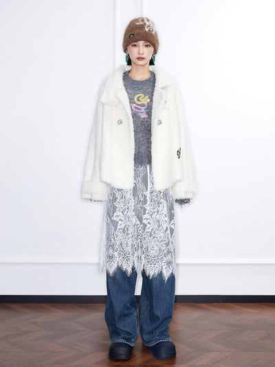 MUKZIN玲瓏の「雲の枕」ベロア感のラペル付きフェイクファーショートコート