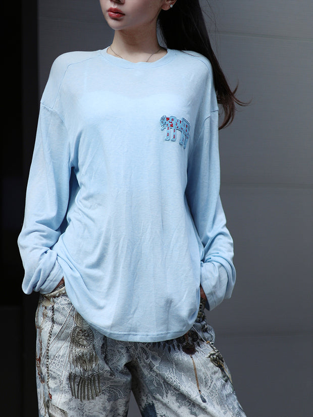 MUKZIN「雲瑤の境地」水色ゾウ刺繍ルーズロングスリーブ T シャツ