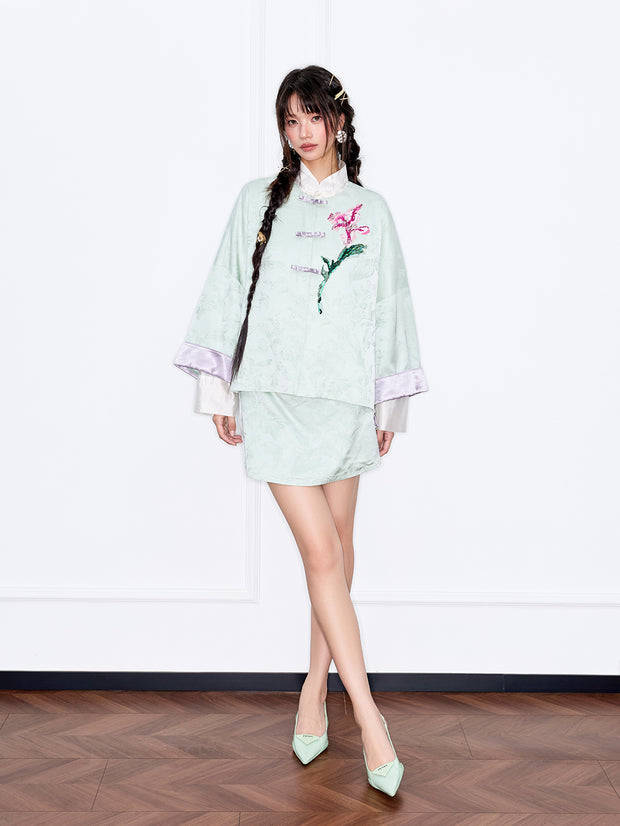 MUKZIN「 カプセルシリーズ 」薄緑ジャカード中国風ショートパンツ