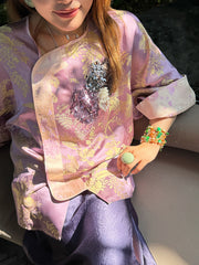 MUKZIN「 カプセルシリーズ 」ピンクパープルジャコードスパンコールビーズチャイナスタイルトップス