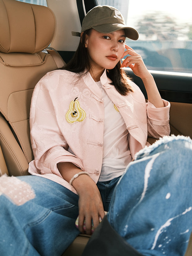 MUKZIN「 カプセルシリーズ 」ピンクジャコードナシ型刺繍チャイナスタイルアウター