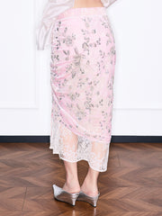 MUKZIN「雲瑤の境地」スパンコールビーズレースパネルピンクミディスカート