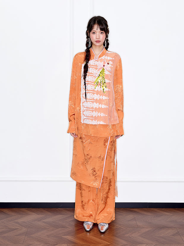 MUKZIN「 カプセルシリーズ 」キャラメル/ライトブルージャコードフェイクツーピースワイドレッグパンツ