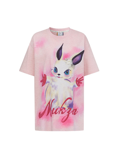 MUKZIN「新しい夏の賦」夢幻的なピンクのプリントの半袖 T シャツ