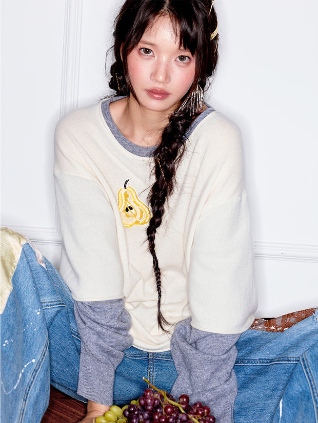 MUKZIN「 カプセルシリーズ 」エレガントなカラーブロック、フルーツ刺繍のフェイクツーピーススウェットシャツ