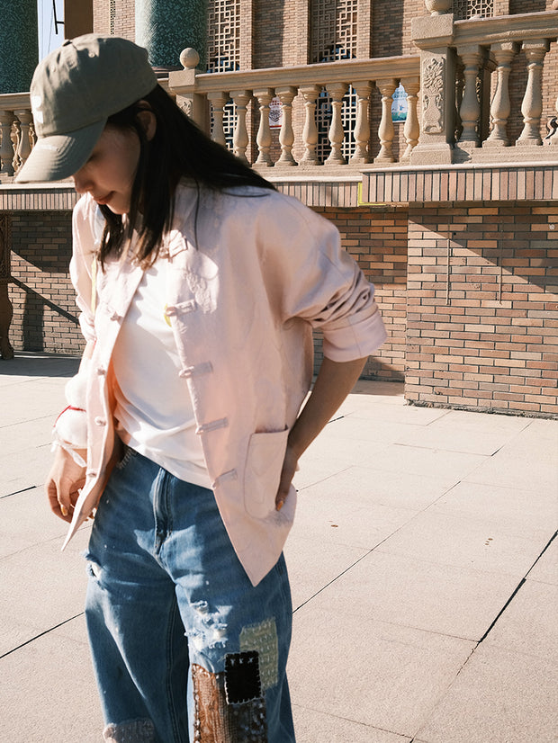 MUKZIN「 カプセルシリーズ 」ピンクジャコードナシ型刺繍チャイナスタイルアウター