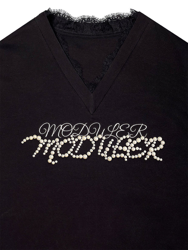 MUKTANK×MODULER レースプリントパール刺繍ヘビーディテール T シャツ