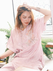MUKZIN「 カプセルシリーズ 」女性用ピンクジャガードシークインフラワー刺繍ルーズショートスリーブトップス