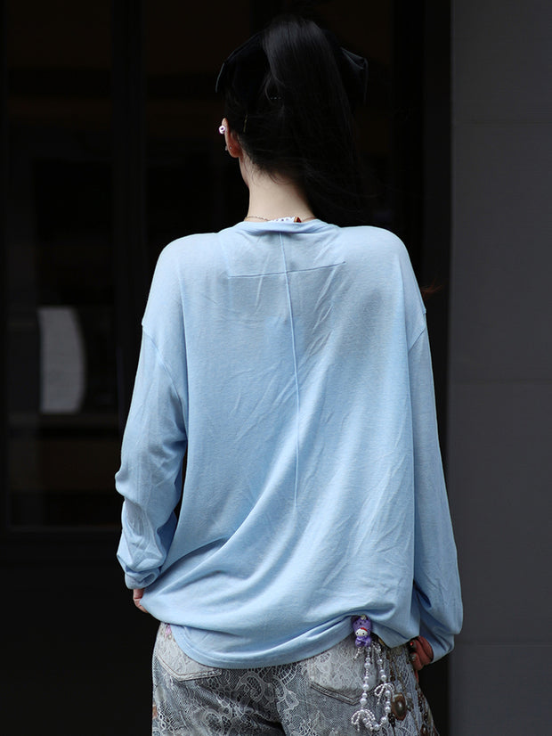 MUKZIN「雲瑤の境地」水色ゾウ刺繍ルーズロングスリーブ T シャツ