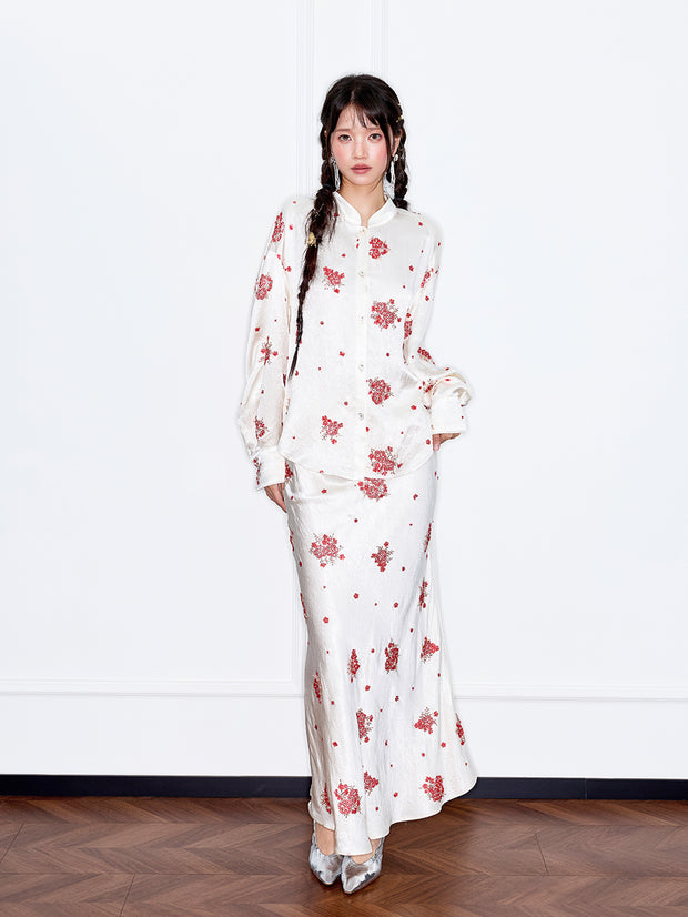 MUKZIN「 カプセルシリーズ 」精巧な赤の花柄、レトロ風の立衿のベージュ色のシャツ