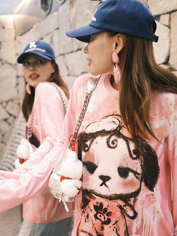 MUKZIN「 カプセルシリーズ 」ピンク調タイダイ染め風の愛らしい犬のプリントロングスリーブ T シャツ