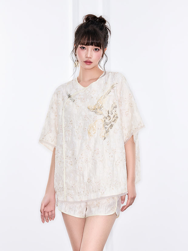 MUKZIN「新しい夏の賦」刺繍リボンストーン入り国風改良パンクールルーズ中華風半袖シャツ
