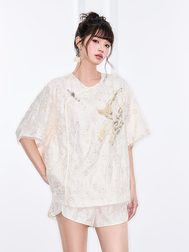 MUKZIN「新しい夏の賦」刺繍リボンストーン入り国風改良パンクールルーズ中華風半袖シャツ