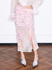 MUKZIN「雲瑤の境地」スパンコールビーズレースパネルピンクミディスカート