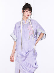 MUKZIN「新しい夏の賦」新しい中国風の改良型立領とスリットのある紫色のワンピース