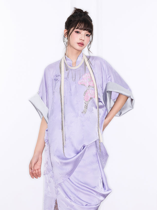 MUKZIN「新しい夏の賦」新しい中国風の改良型立領とスリットのある紫色のワンピース