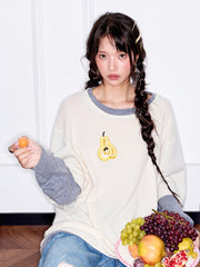 MUKZIN「 カプセルシリーズ 」エレガントなカラーブロック、フルーツ刺繍のフェイクツーピーススウェットシャツ