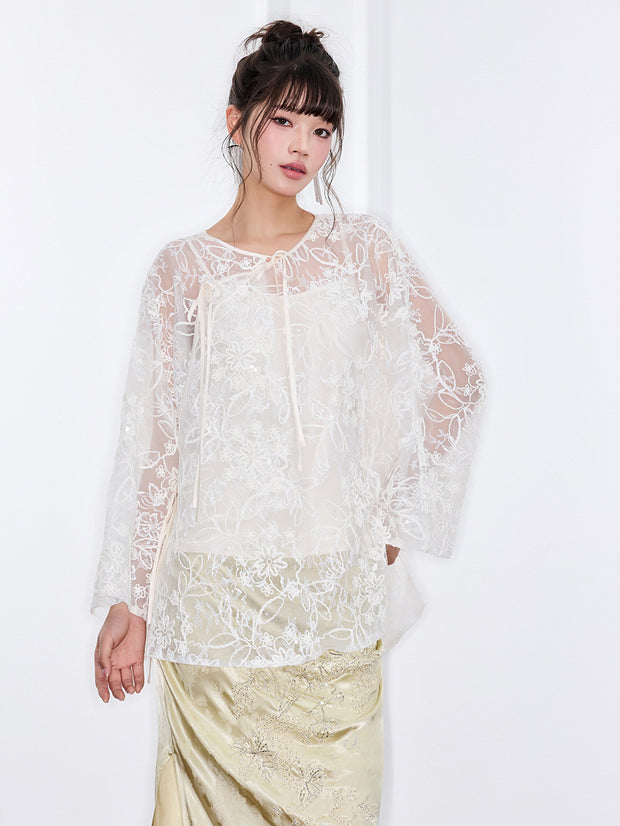MUKZIN「新しい夏の賦」白いレース刺繍のゆったりとしたトップス