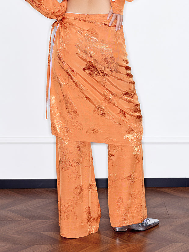 MUKZIN「 カプセルシリーズ 」キャラメル/ライトブルージャコードフェイクツーピースワイドレッグパンツ