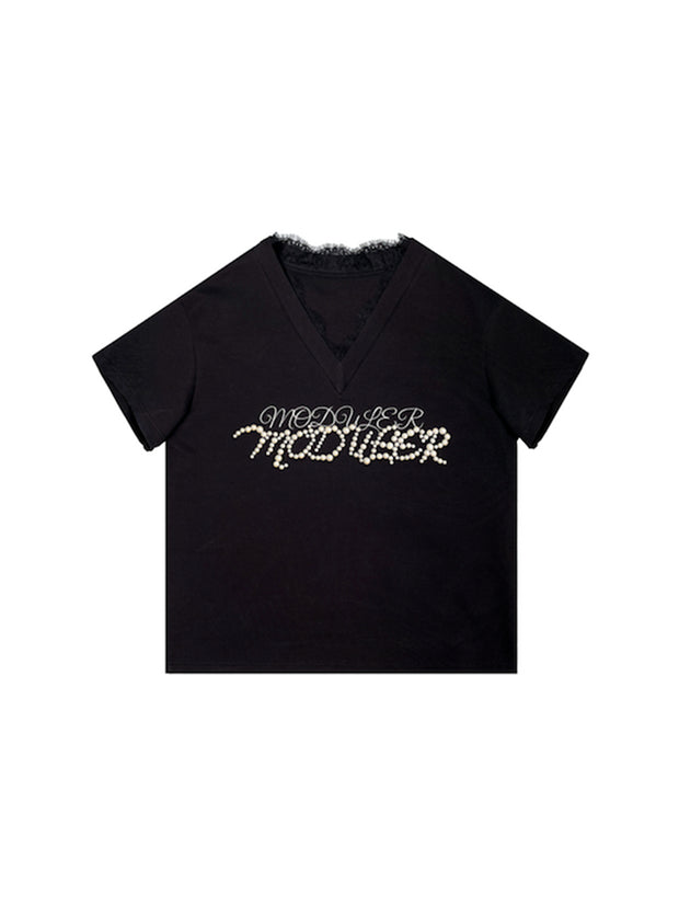 MUKTANK×MODULER レースプリントパール刺繍ヘビーディテール T シャツ