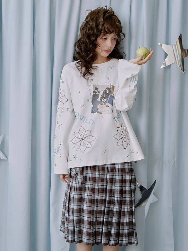 MUKTANK×LOUMUTAKU 牛馬プリントラインストーンロングスリーブ T シャツ