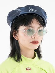 MUKTANK X COOLOTHES  曼珠坂フラワートーテム刺繍ディープブルーグレー光沢のあるレザーベレー帽