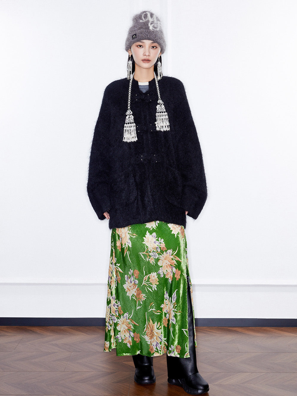 mukzin ニット MUKZIN Large Lapel Design Coffee Knitted Sweate