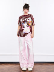 MUKZIN「新しい夏の賦」ワインレッドストライプ可愛いウサギ T シャツ
