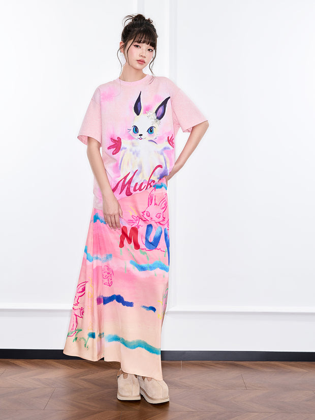 MUKZIN「新しい夏の賦」グラフィティのアート感がある、カラフルなプリントの半身スカート