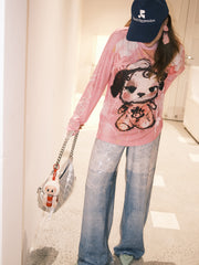 MUKZIN「 カプセルシリーズ 」ピンク調タイダイ染め風の愛らしい犬のプリントロングスリーブ T シャツ