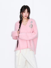 MUKZIN「 カプセルシリーズ 」ピンクモヘアルーズ V ネックセーター