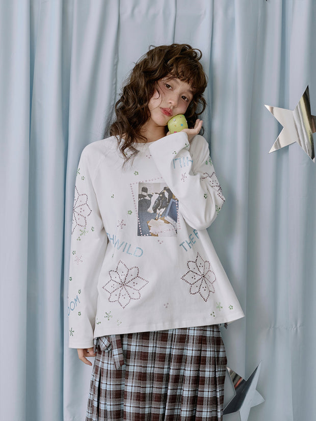 MUKTANK×LOUMUTAKU 牛馬プリントラインストーンロングスリーブ T シャツ