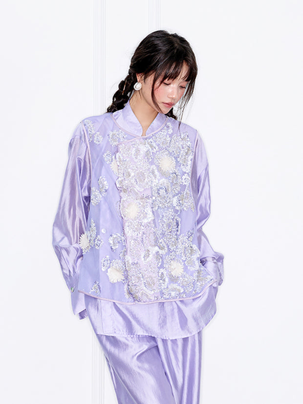 MUKZIN「 カプセルシリーズ 」薄紫色ネットレーススパンコール花柄ベスト