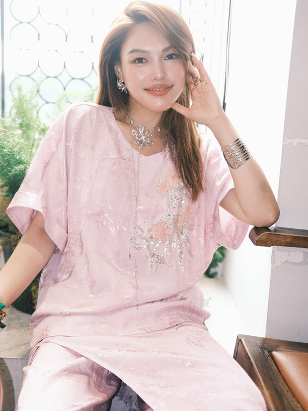 MUKZIN「 カプセルシリーズ 」女性用ピンクジャガードシークインフラワー刺繍ルーズショートスリーブトップス