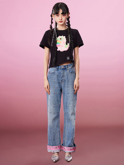 MUKZIN 不規則２色刺繍キュート合わせやすいTシャツ-ドラゴンとフェニックスの遊び