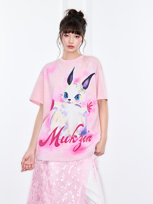 MUKZIN「新しい夏の賦」夢幻的なピンクのプリントの半袖 T シャツ