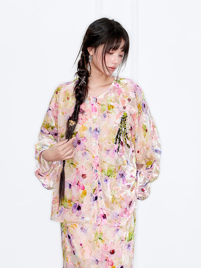 MUKZIN「 カプセルシリーズ 」花模様水彩風シングルブレスト刺繍トップス