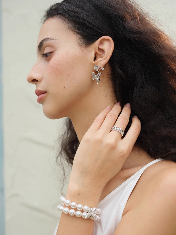 MUKTANK×SUN HUNTER “羽化（うか）”ツートンレース蝶パールブレスレット