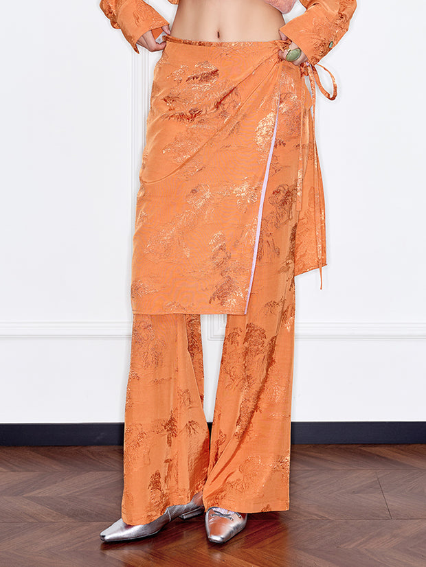 MUKZIN「 カプセルシリーズ 」キャラメル/ライトブルージャコードフェイクツーピースワイドレッグパンツ