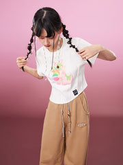 MUKZIN 不規則２色刺繍キュート合わせやすいTシャツ-ドラゴンとフェニックスの遊び