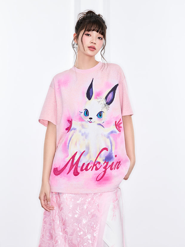 MUKZIN「新しい夏の賦」夢幻的なピンクのプリントの半袖 T シャツ