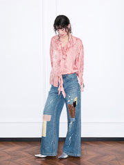 MUKZIN「雲瑤の境地」ピンクジャコードフリルリボンネックブラウス
