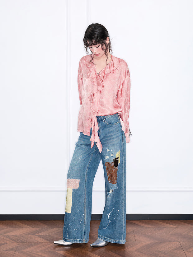 MUKZIN「雲瑤の境地」ピンクジャコードフリルリボンネックブラウス