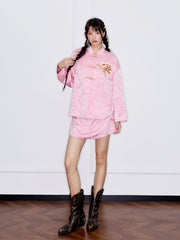 MUKZIN「 カプセルシリーズ 」ピンクジャカード鳳眼ボタン フローラル刺繍 ルーズショートジャケット
