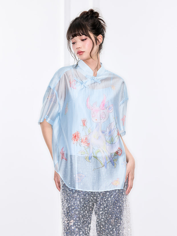 MUKZIN「新しい夏の賦」新中式のボタン付き襟の柄入りシャツ