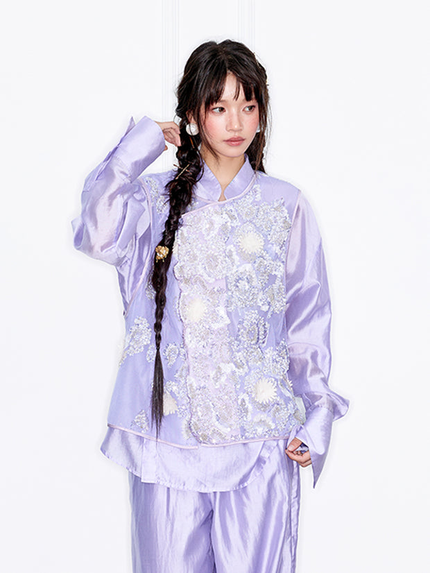 MUKZIN「 カプセルシリーズ 」薄紫色ネットレーススパンコール花柄ベスト