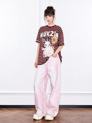 MUKZIN「新しい夏の賦」ワインレッドストライプ可愛いウサギ T シャツ
