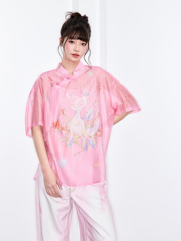 MUKZIN「新しい夏の賦」新中式のボタン付き襟の柄入りシャツ
